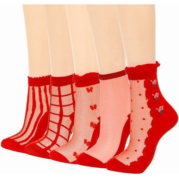 Zhengup Sheer Socks Red Sheer Socks Ruffle Nylon Socks Lace See Through Socks for Summer and Daily(5 Pairs)