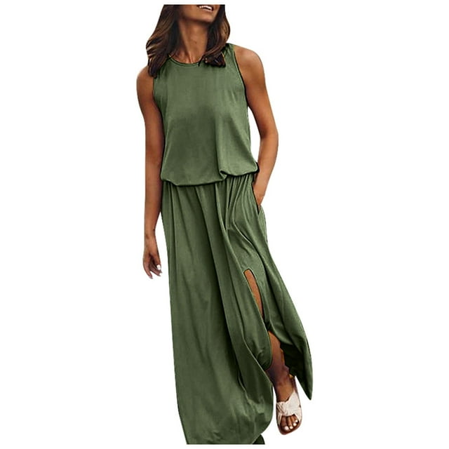 asddcavvf Dresses for Women Ladies Round Neck Sleeveless Split Maxi Dress Classic Solid Color Flowy