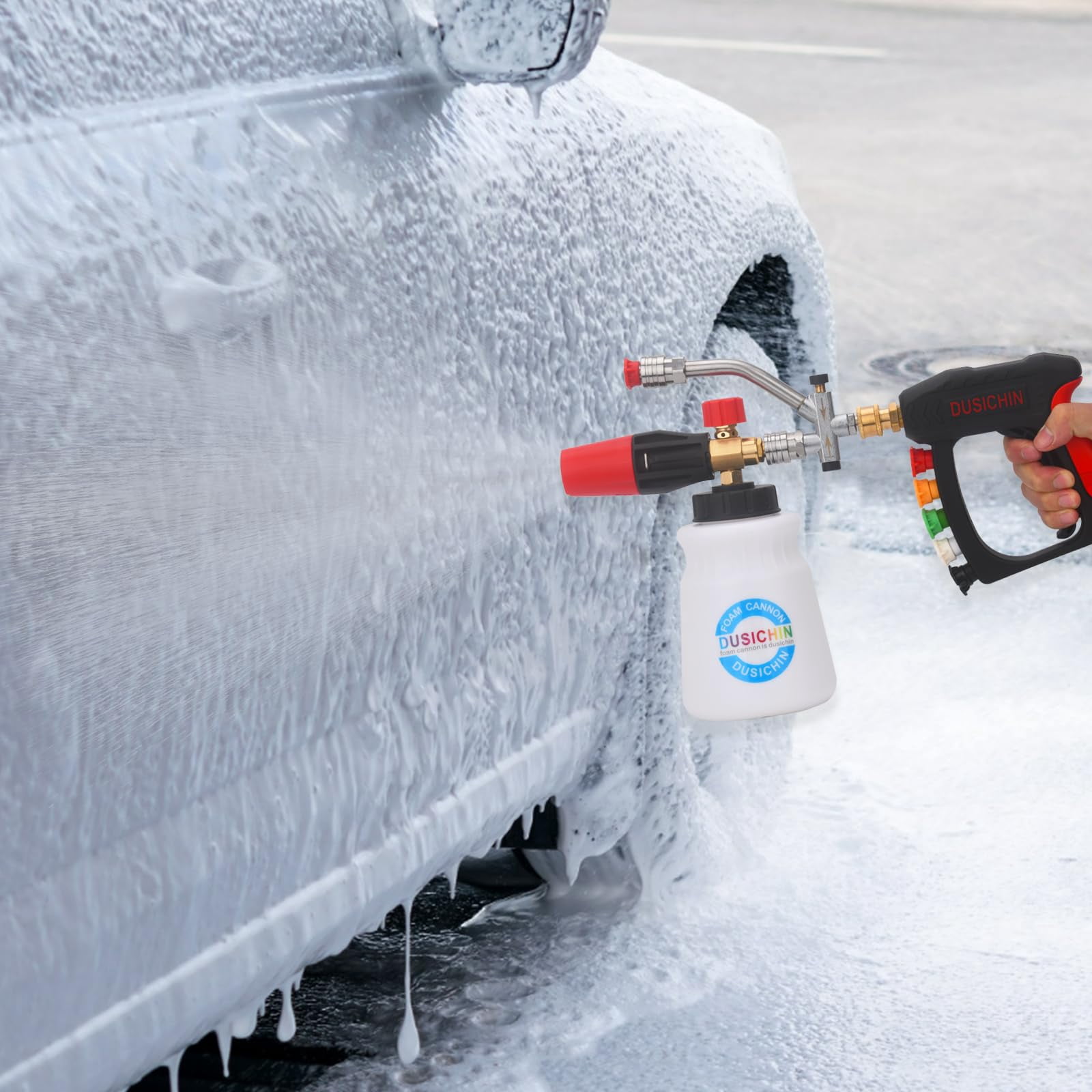 DUSICHIN Short Gun Foam Cannon 1/4" Quick Connector Pressure Washer ,Car Wash Foam Gun Kit Dual Connector Accessory,5 Pressure Washer Nozzle Tips 3/8'' Swivel Quick Connector,Not Use with Garden Hose