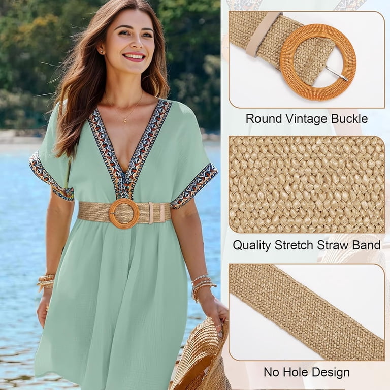 3 Pack Women Straw Woven Elastic Belts Wide Stretch Raffia  display picture 1