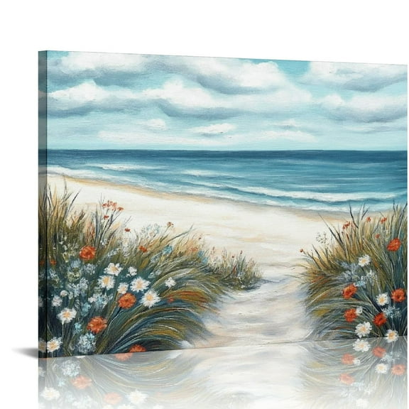 Canvas Wall Art Beach Scenes - Coastal Picture Print Artwork with Textured on Seaside Grass and Ocean Wave Seascape Painting,20 x inch