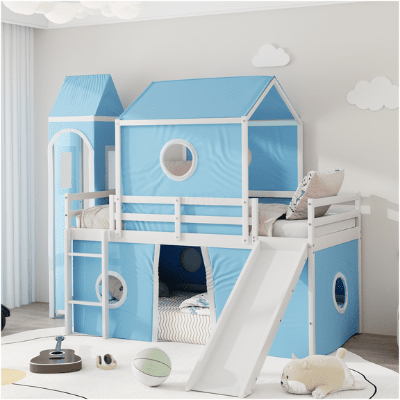 Twin Size Loft Bed with Slide, Play Tent, Tower & Castle Design, Blue & Pink, Solid Wood Construction