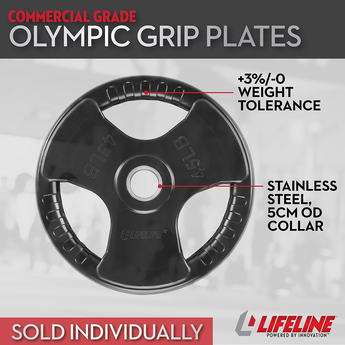 Lifeline Olympic Rubber Grip Plates for Easy Grip, Impact Resistance and Equipment Protection - 45 LBS