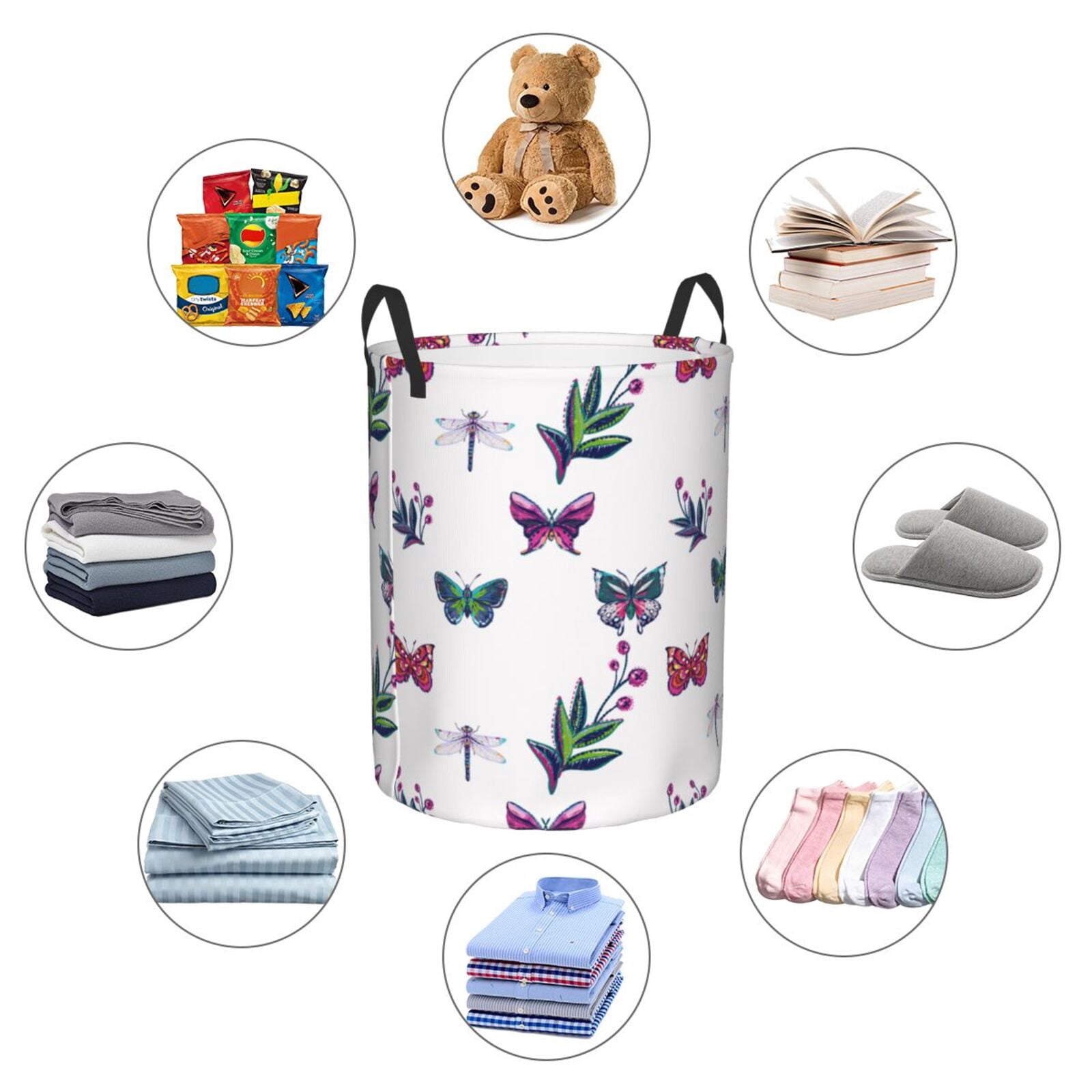 Large Laundry Basket with Handles - Butterfly Plant Dragonfly Kids Baby Dirty Clothes Laundry Hamper for Bedroom Aesthetic