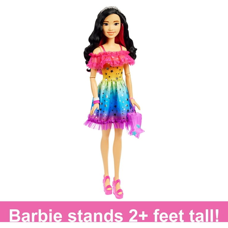 Large Barbie Doll 28 Inches Tall Black Hair and Rainbow Dress Walmart