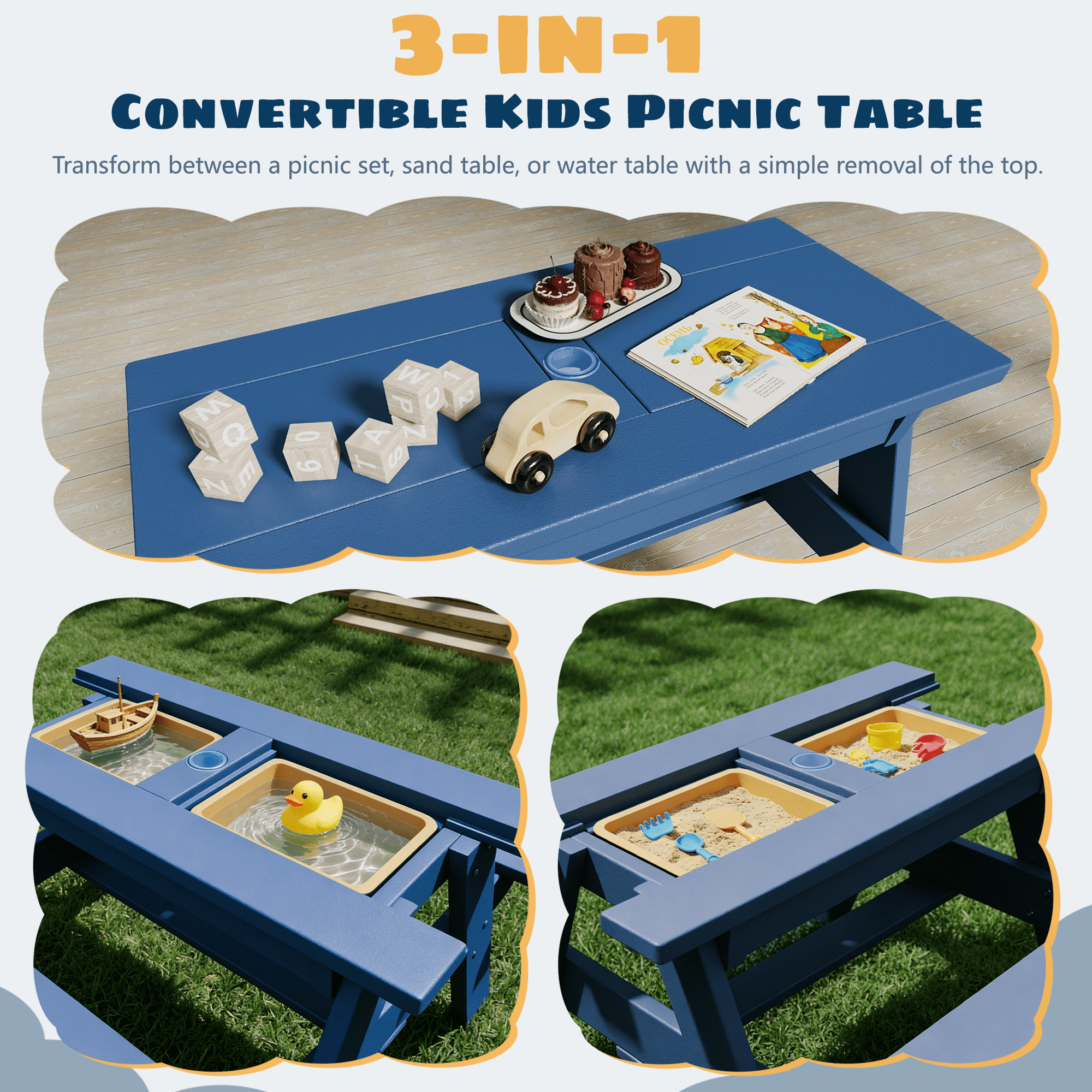 FOOWIN HDPE Kids Picnic Table, 3 in 1 Outdoor Convertible Sand & Water Table with Removable Tabletop, Kids Outdoor Table for Backyard Patio Play, Navy Blue