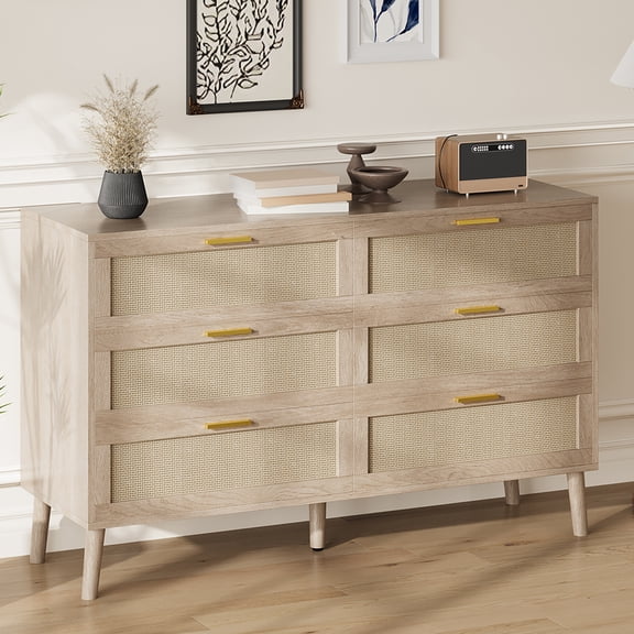 BouPower Modern 6-Drawer Rattan Dresser, Light Natural Wooden Chest of Drawers, Mid-Century Style Handles, Storage Cabinet for Bedroom, Living Room, Hallway, Closet, Color: Oak