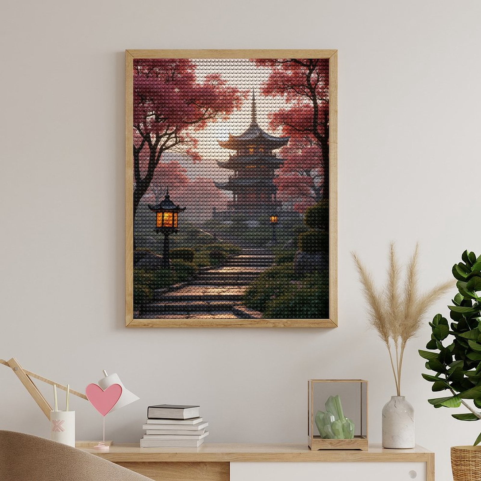 Diamond Art Kits for Adults, Pagoda Pathway Cherry Blossom Serenity 5D Diamond Painting Kits for Adults Beginners, DIY Full Drill Diamond Painting, Gem Art and Crafts 12x16