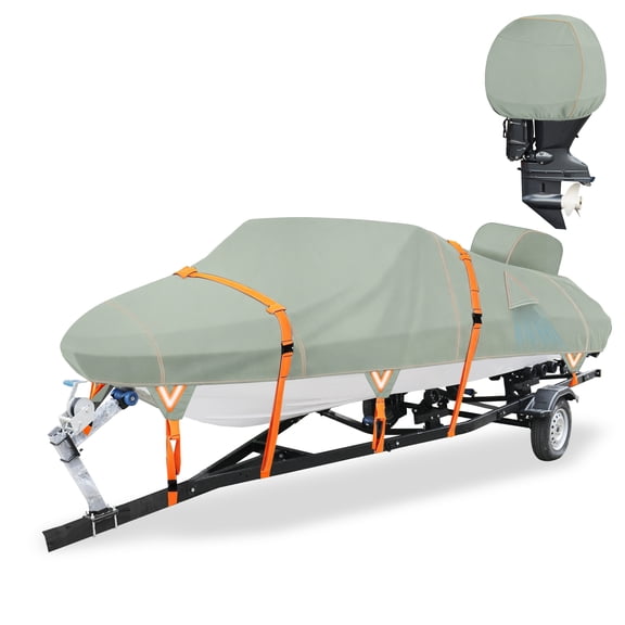 Unique Bargains Waterproof Boat Cover with Motor Cover, Marine Canvas Trailerable Boat Cover 23-24ft for 23 feet 24' Foot V-Hull Bass Boat Tri-Hull, Gray