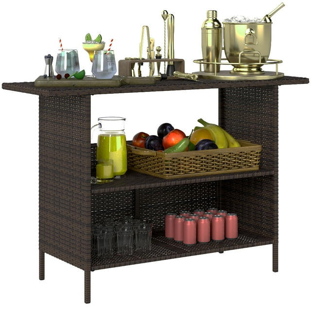 Outsunny Wicker Outdoor Bar Table, bar height patio table in dark brown with a spacious tabletop and two open shelves. Made of steel frames wrapped in weather-resistant PE wicker, ideal for serving drinks, snacks, or essentials. Perfect for patio furniture setups or outdoor bar areas, featuring non-slip foot pads and a sturdy design.