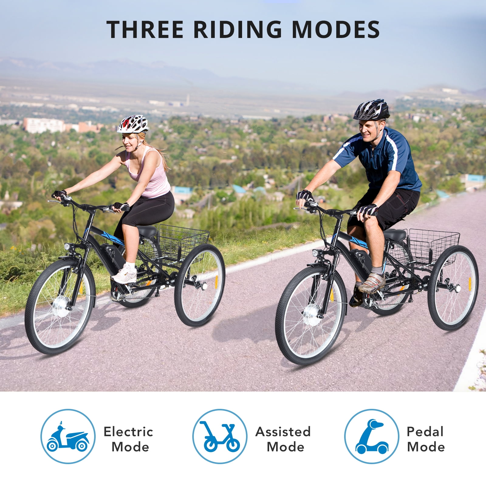 Towallmark 36V Electric Tricycle,350W 10AH Stepping Electric Tricycle,3 Wheels Fat Tires With Rear Basket For Adult Electric Bicycle,50 Miles Long Range, Blue