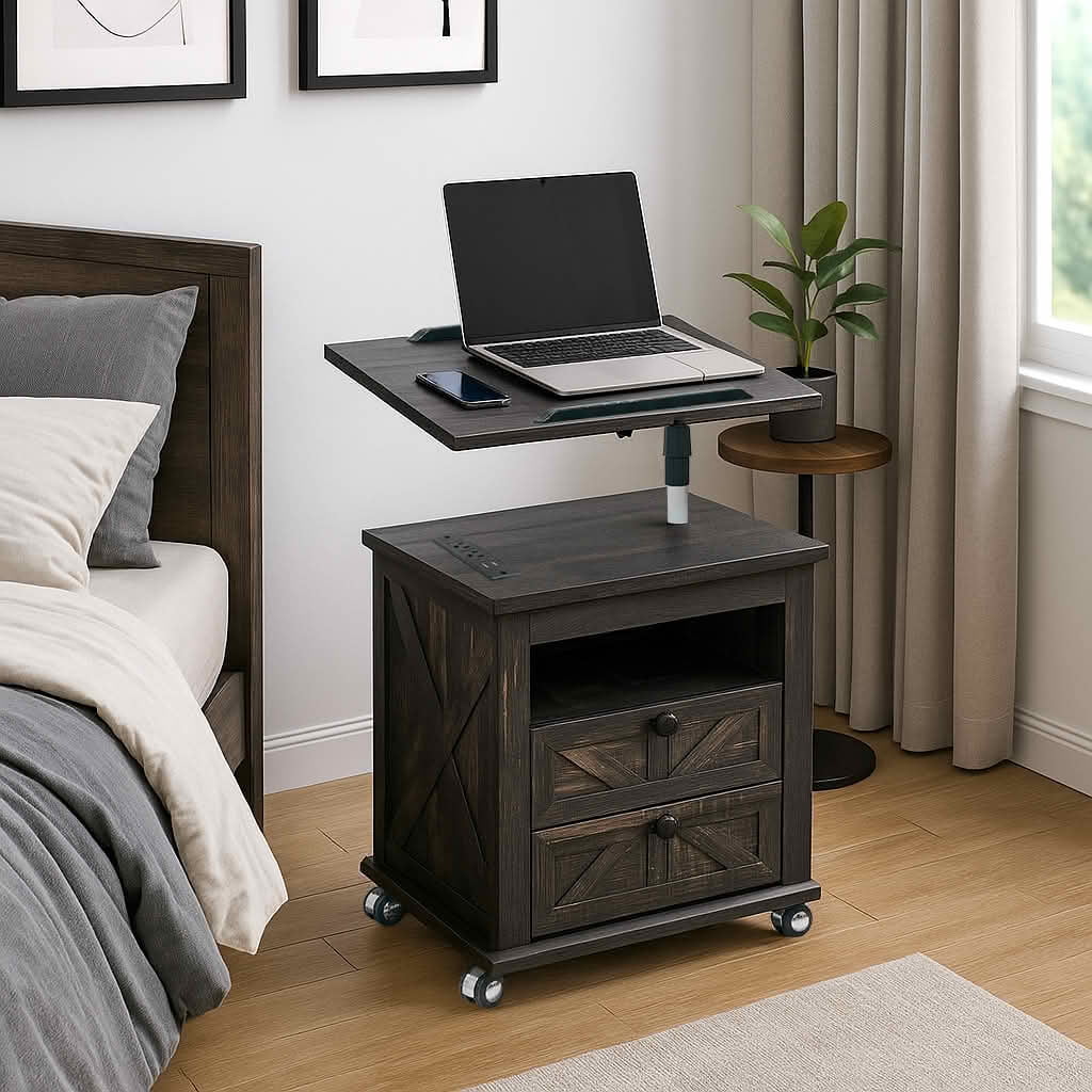 MAYEERTY Black Nightstand with Lockable Wheels, Multiple Storage Drawers USB Port for Living Room