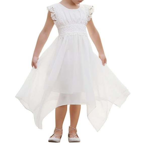 Inadays Girl Dresses Summer Dress Lace Flower Sleeveless Casual A-line Asymmetrical Flowy Maxi Dress Boho Dresses Flower Girl Dress Wedding Party for Toddler Child 1-7 Years, White, 3-4Y