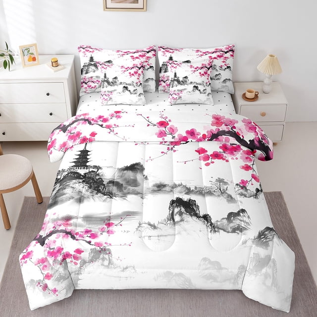 YST Japanese-Style Comforter Set Cherry Blossoms 7pcs Bed in a Bag, Full Size