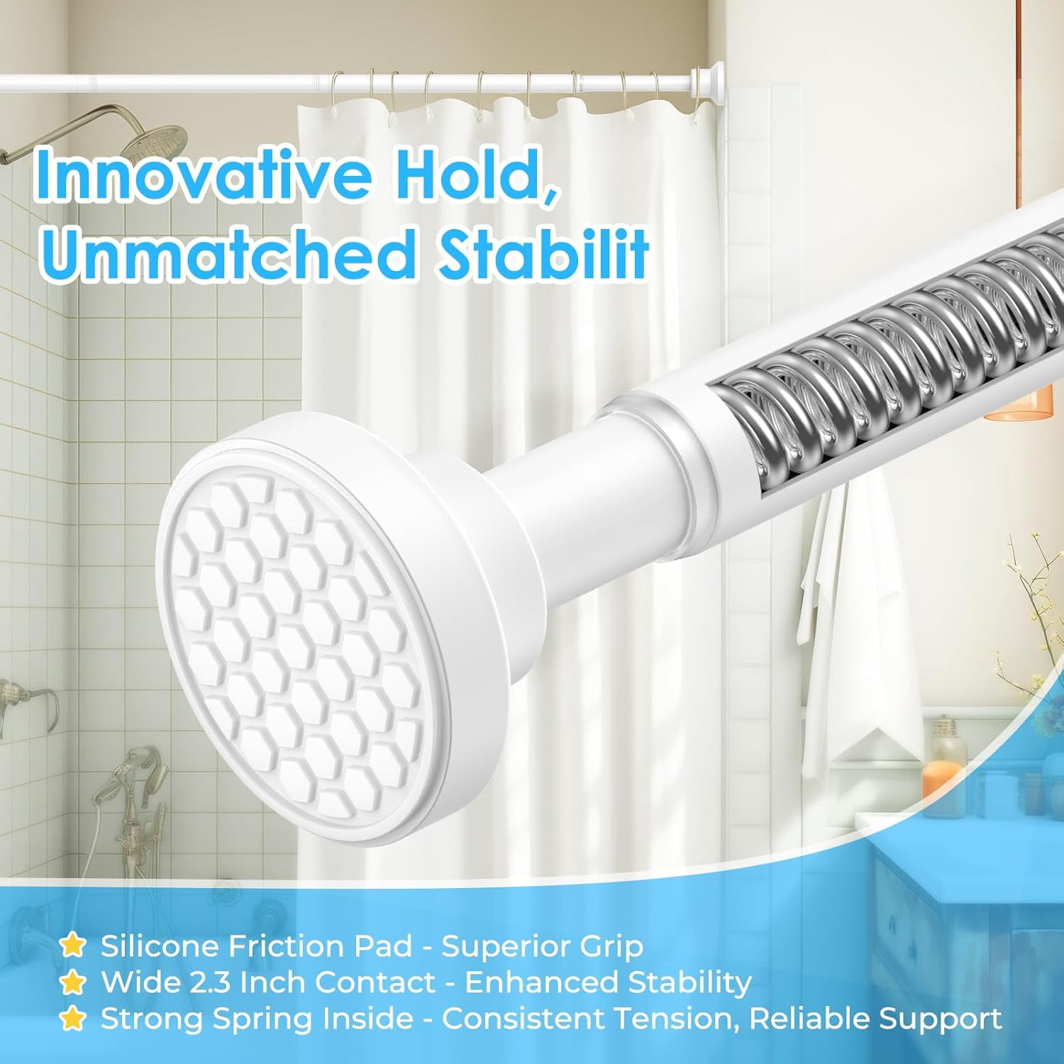 Tension Shower Rod 29-63 Inch, 1 Inch Diameter White Tension Curtain Rod Adjustable Curtain Rod Non-Drilling, Anti-Slip Tension Rod, Anti-Rust Shower Curtain Rod