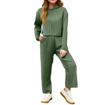 LTTVQM Girl's Sweater Set Size 11-12 Winter Two Piece Outfits Casual Long Sleeve Ribbed Knit Sweaters Solid Color Warm Soft Long Pants Army Green 11-12 Years