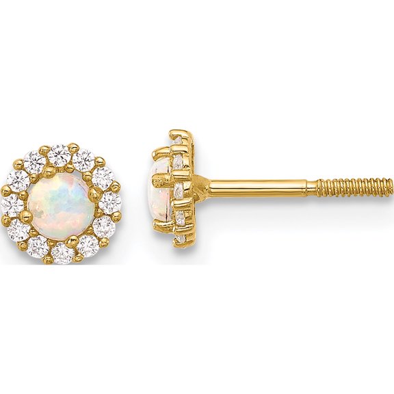 14K Yellow Gold Polished Cz And Created Opal Circle Screwback Post Earrings (Width 5.3) (Length - Jbsp