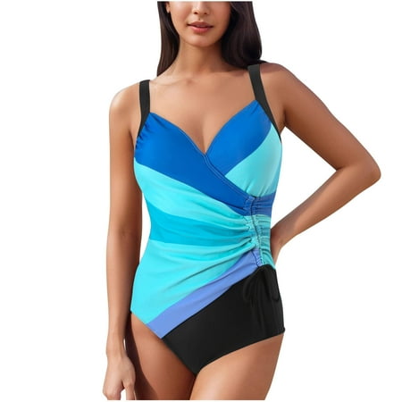 Ayolanni Bodysuit Women Tankini Swim Top Sale Modest V-Neck Blue Colorblock One-Piece Juniors Swimsuit Set L