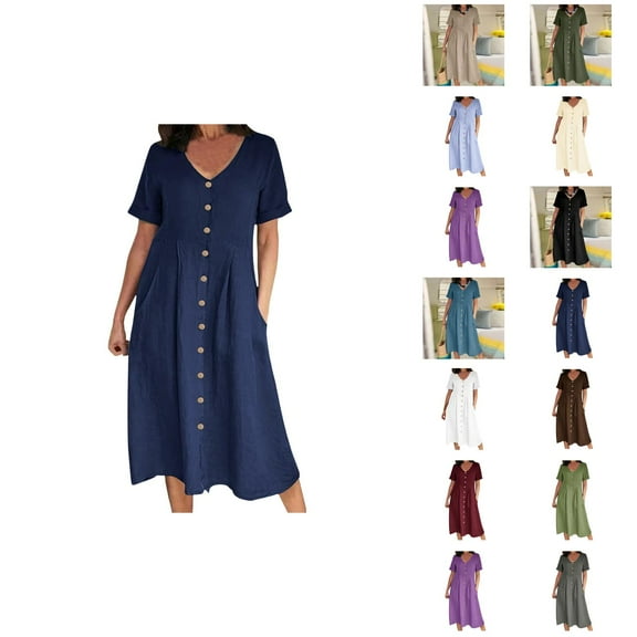 Tshirt Dress Women Summer Short Sleeve V Neck Button Down Casual Midi Dresses with Pockets T Shirt Dresses for Women