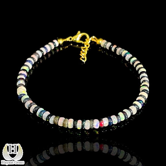 Ethiopian Opal Bracelet: Black & White Beads, Sterling Silver, Dainty Minimalist