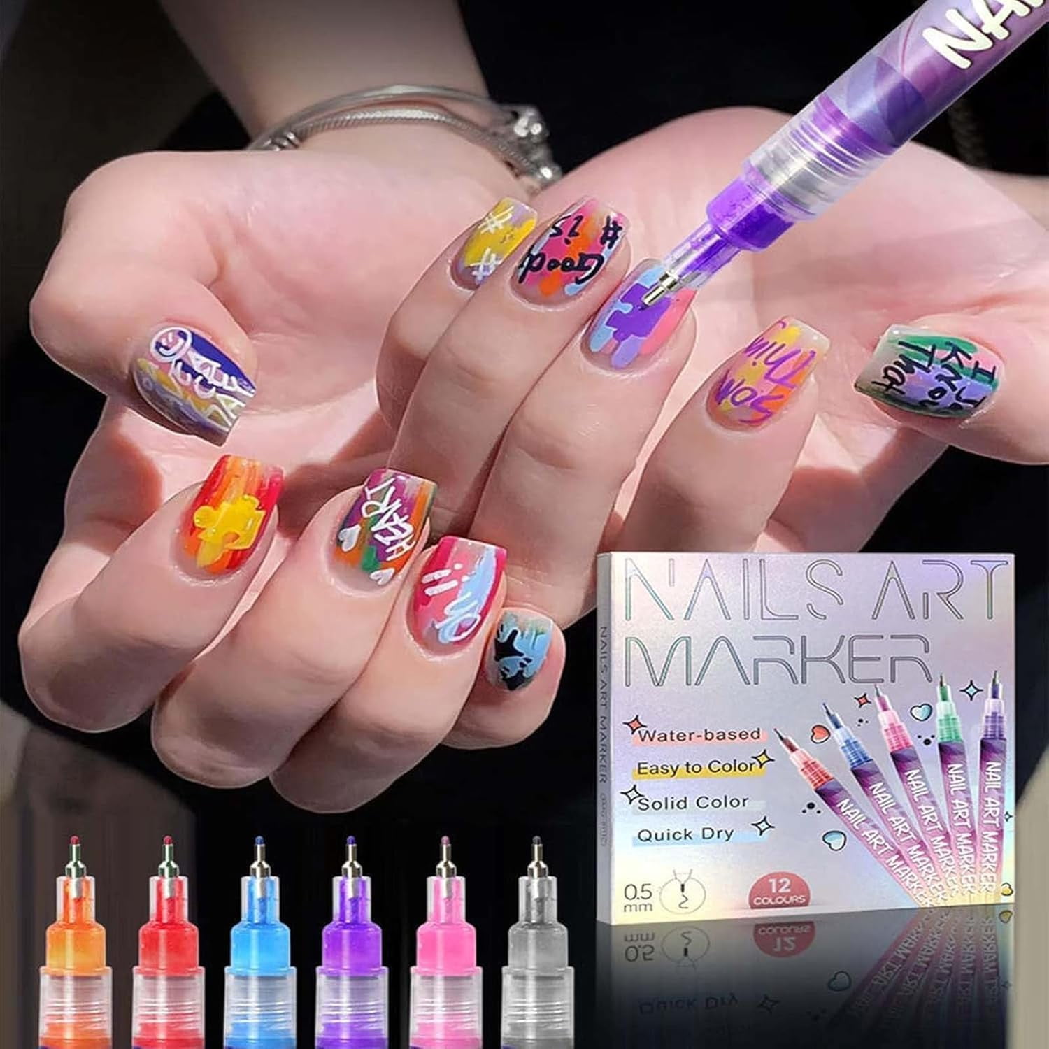 Acrylic Paint Pen for Nail Painting,12 Color Set with Ultra-Fine 0.5mm/0.01in Metal Tip for Precise Dotting,Lining & Drawing,Fast-Drying & Portable with Eco-Friendly PP Barrel for DIY Nail Art Design