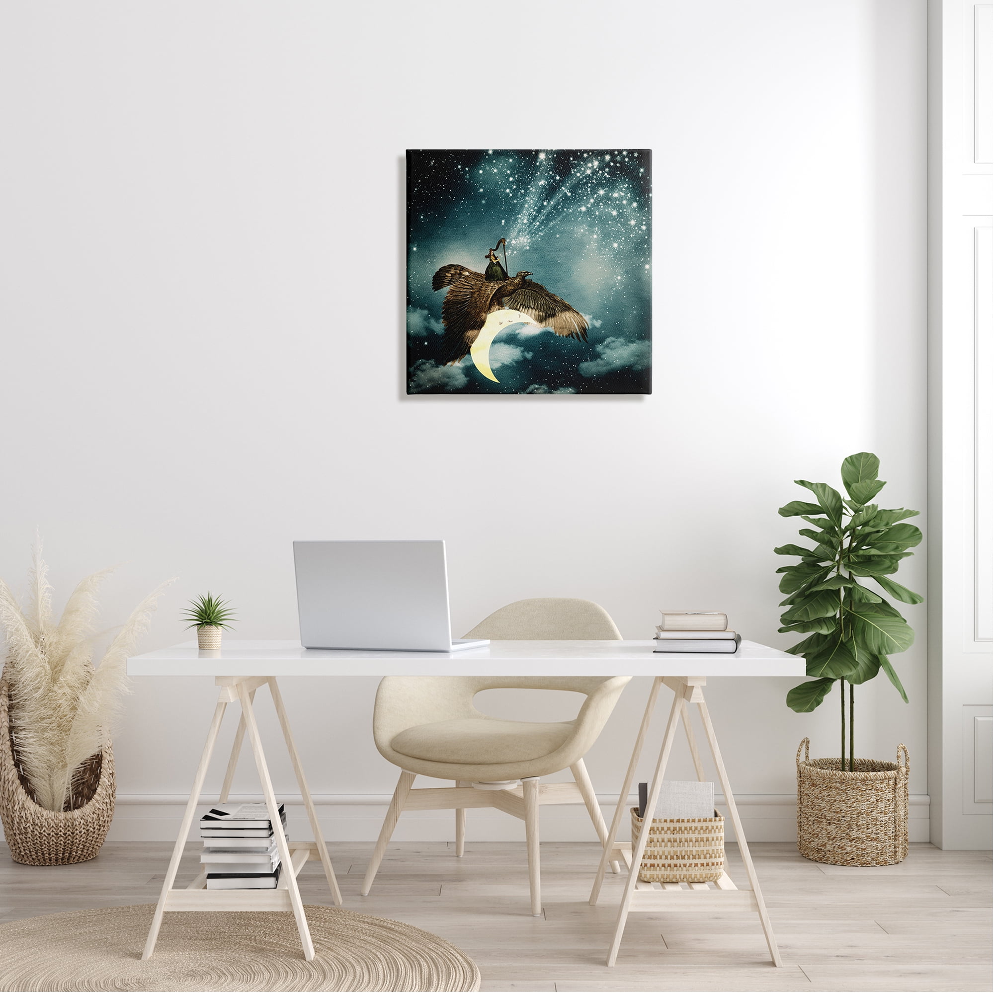 Stupell Industries Dreamy Surreal Bird Flying Moon Harp Galaxy Stars Canvas Wall Art, 24 x 24, Design by Paula Belle Flores
