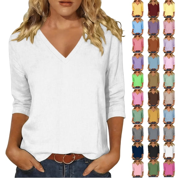 Plus Size T-Shirts for Women Fashion V Neck Regular Solid Color Top 3/4 Sleeve Skin Friendly Texture