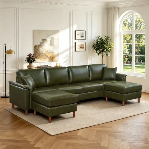 120" U-Shaped Sectional Sofa with 2 Removable Storage Ottomans, Faux Leather Couch, Breathable PU Leather, Solid Wood Frame, Dark Green