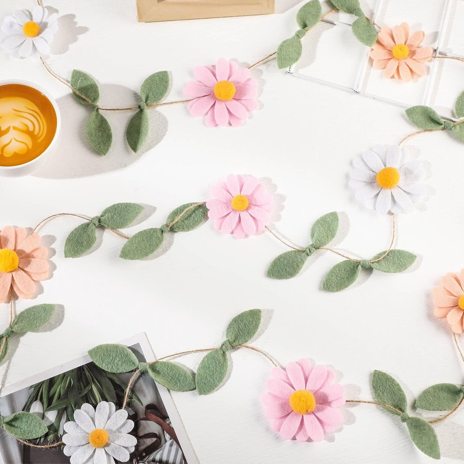 5 Pcs Wool Felt Daisy Banner Garland Party Decorations, Wildflower Birthday Decorations for Wedding Supplies(Boho Color)