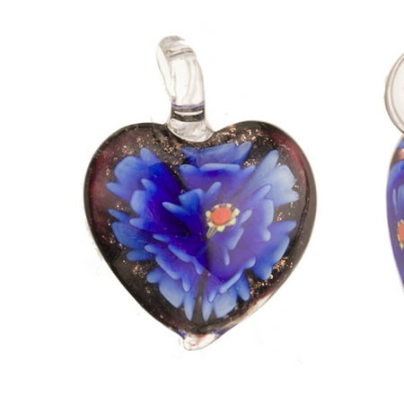 Italian Murano Glass Flower - Violets Purple Base Heart Lampwork Glass Pendant 32x12mm Handmade Murano Inner Flower And Lampwork Glass Pendant (3pcs Bundle), SAVE $2