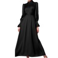 thumbnail image 2 of Satin Dresses for Women Long Puff Sleeve Neck Tie Waist Flowy Maxi Dress Evening Gown Prom Dress, 2 of 5