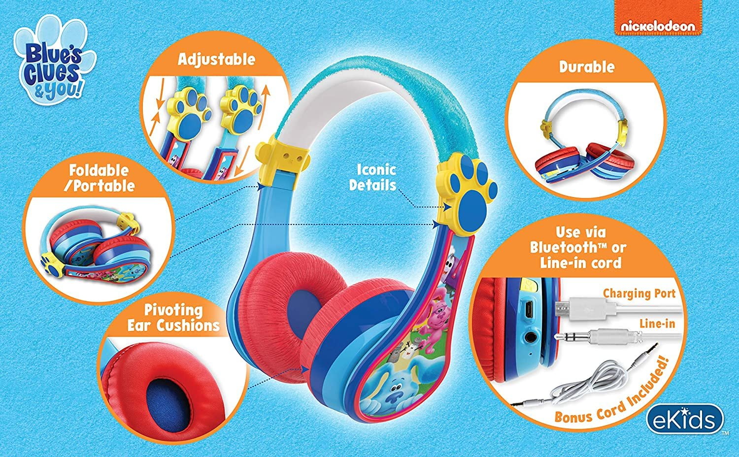 ekids Blue's Clues Bluetooth Headphones for Kids, Wireless Headphones with Microphone