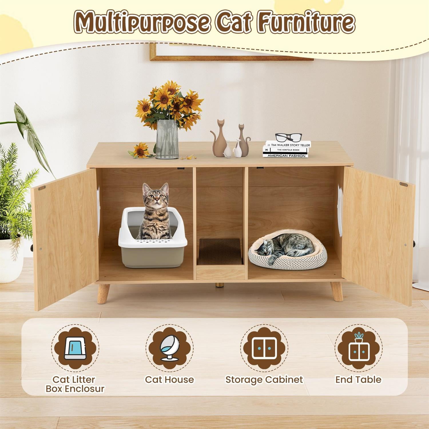 Pefilos 43" Cat Litter Box Enclosure, Double Rooms & 2 Sisal Mats, Rubber Wood Legs, Natural (Brown)