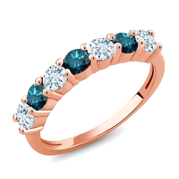 Gem Stone King 18K Rose Gold Plated Silver Round Sky Blue Aquamarine Blue Diamond Anniversary Ring for Women (1.13 Cttw, Gemstone Birthstone) (Size 8)