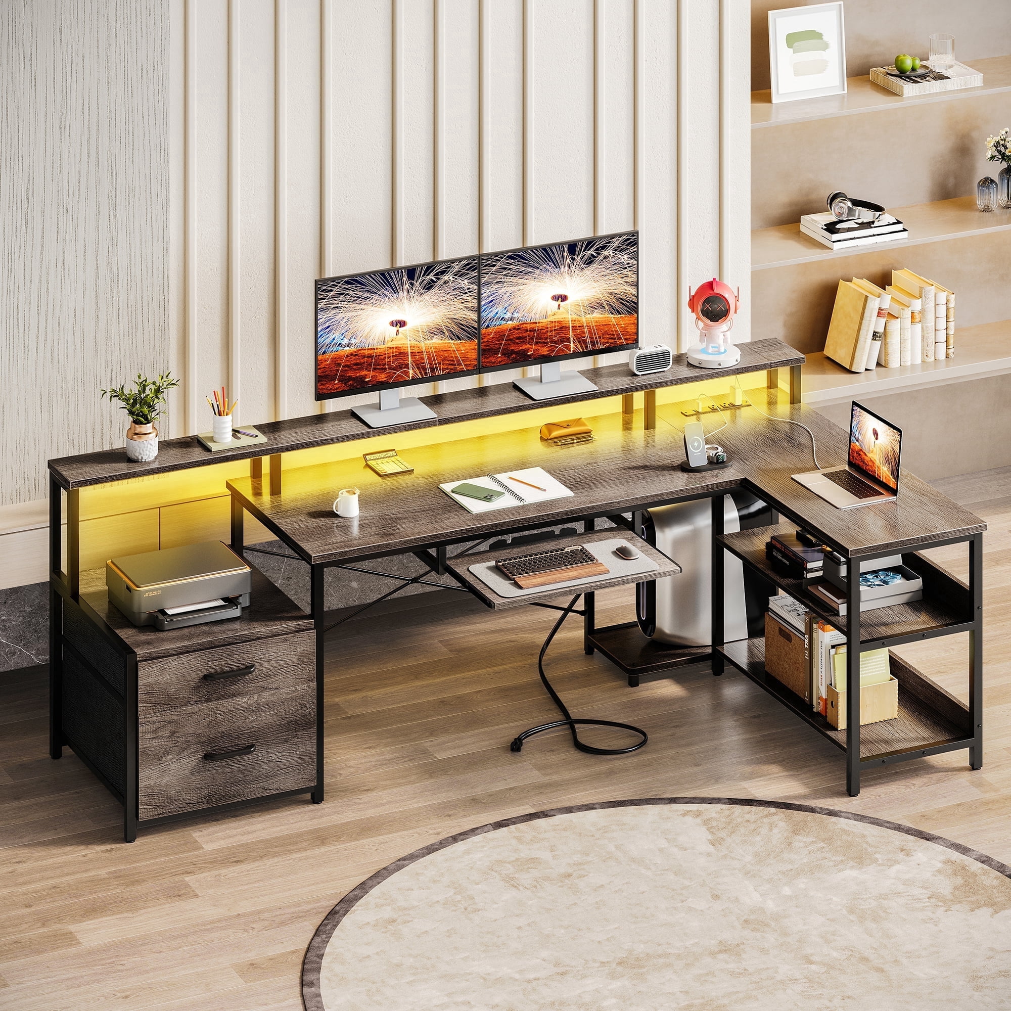 66 inch L-Shaped Gaming Desk with LED Lights & Power Outlets, Corner Computer Desk with 2 Drawers & Storage Shelves, Reversible Workstation for Home Office, Gray