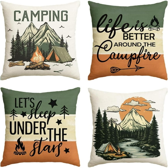Life is Better Around The Campfire Throw Pillow Covers 18x18 Inch Set of 4, Camping Let''s Sleep Under The Stars Saying Cusion Case Decoration for Sofa Couch