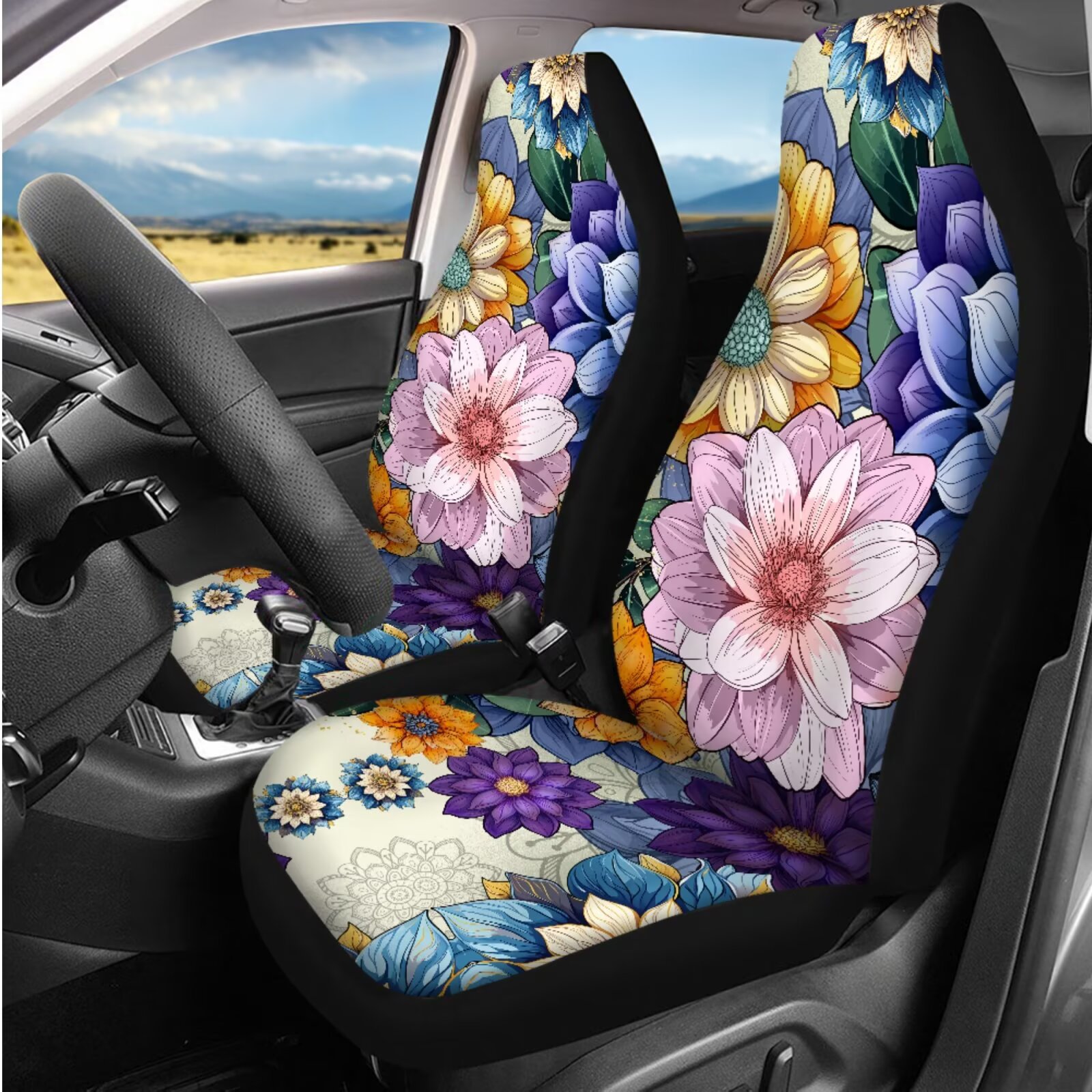HUIACONG Floral Car Seat Covers Full Set for Women Boho Car Accessories Steering Wheel Cover Seatbelt Covers Coasters Armrest Covers Headrest Covers Keychain,14 Pcs,Universal Fit