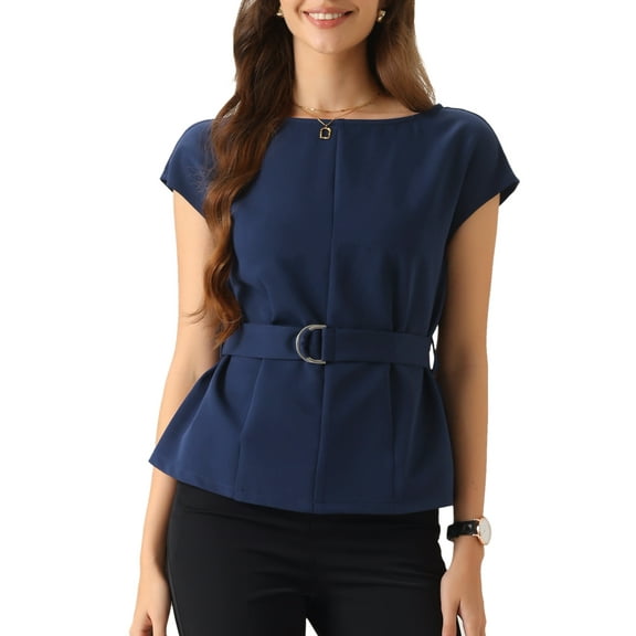 INSPIRE CHIC Cap Sleeve Dressy Top for Women's Boat Neck Office Work Belted Peplum Tops XS Dark Blue