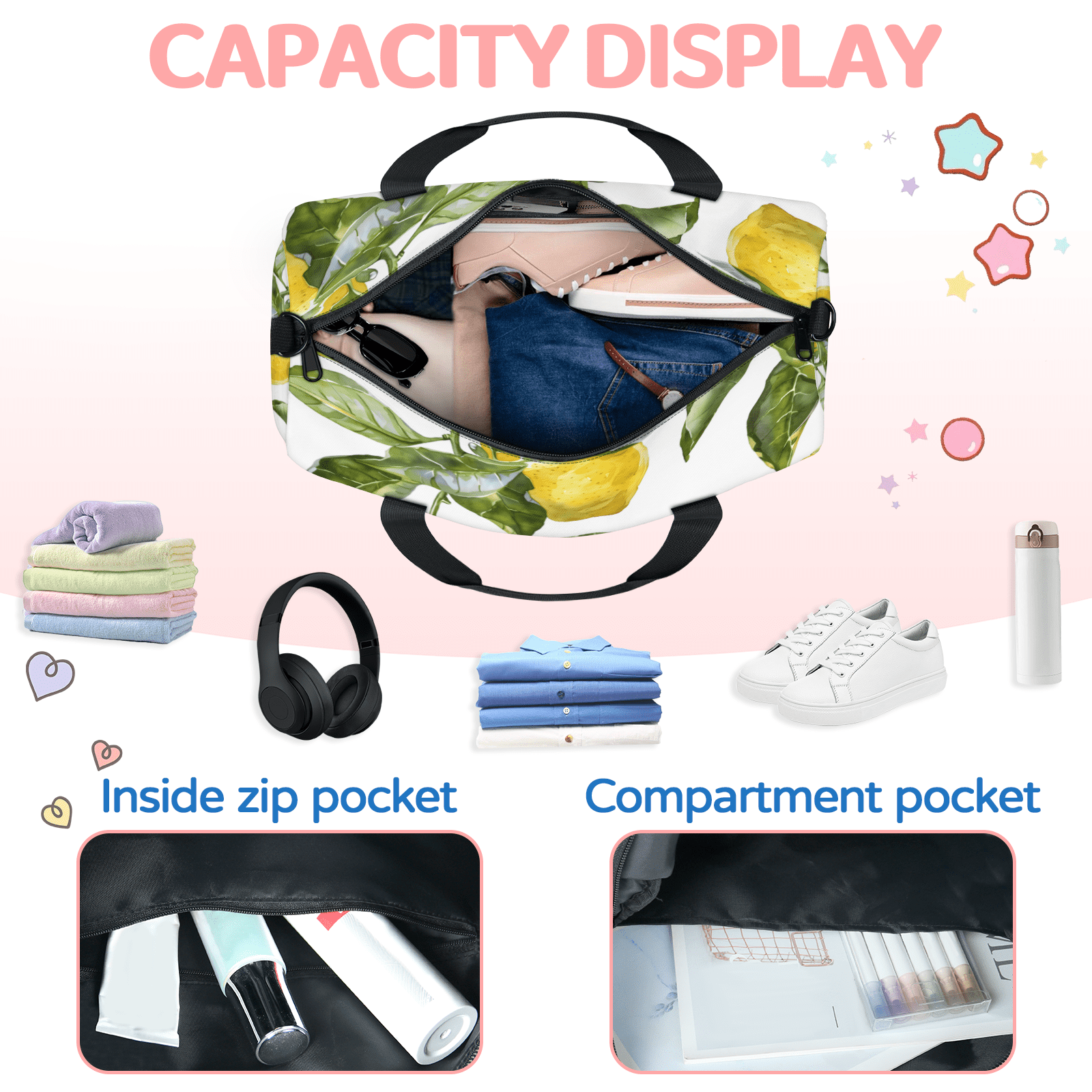 Herdesigns Lemon Fruit Gym Bag for Women, Duffle Bag for Travel Sport, Lightweight Waterproof Carry on Weekender Overnight Dance Yoga Workout Bags