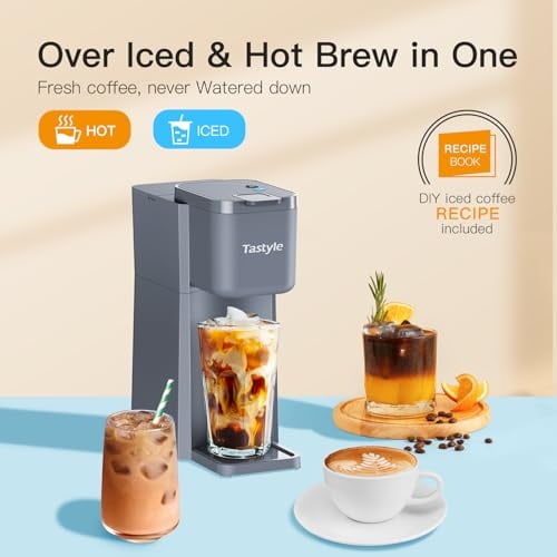 Mini Hot and Iced Coffee Maker Single Serve, for K Cup and Ground, 6 to 14 Oz Brew Sizes, with Recipe Book, for Home, Travel, RV, Office and Dorm, Elegant Gray