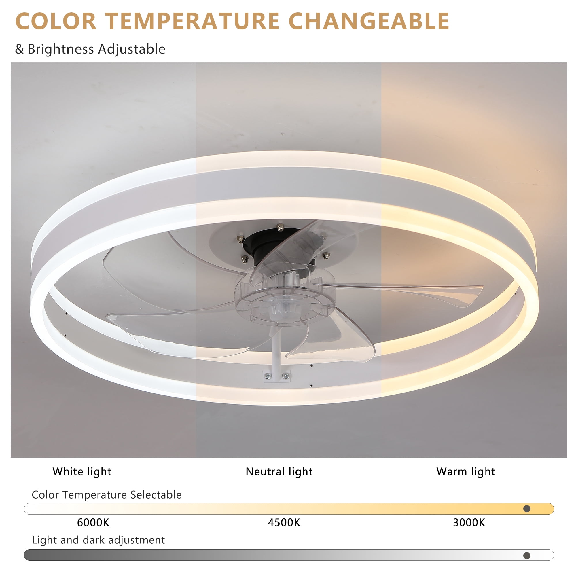 Leumius 20" Flush Mount Ceiling Fans with Lights and Remote, 3000K-6000K Dimmable LED Fandelier Low Profile Chandelier Ceiling Fan for Bedroom Living Room, White
