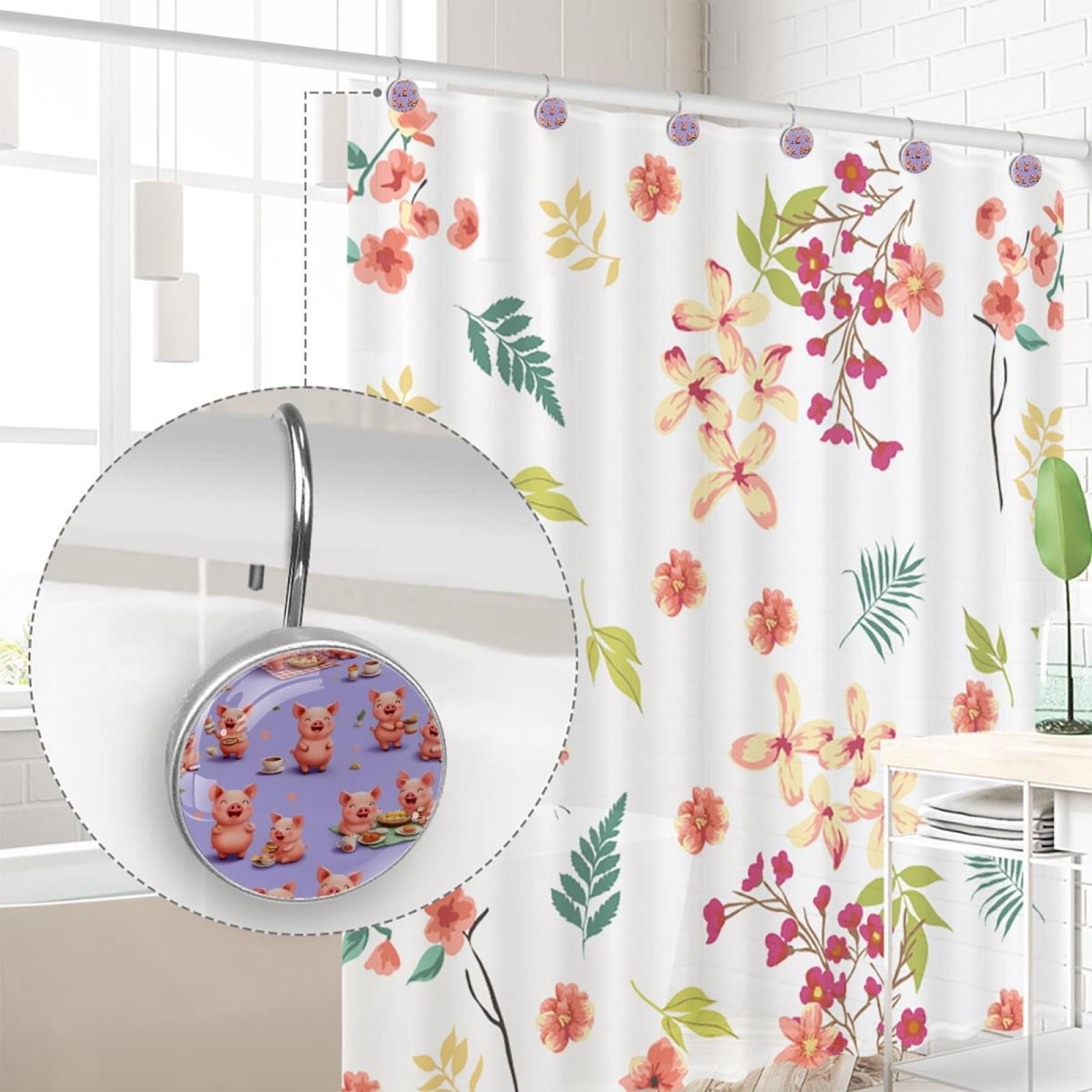 12pcs Decorative Shower Curtain Hooks, Rust Resistant Shower Rings for Bathroom Living Room,Rustproof Stainless Steel Rings for Shower Curtain and Liner Rods,Happy Pigs Picnic