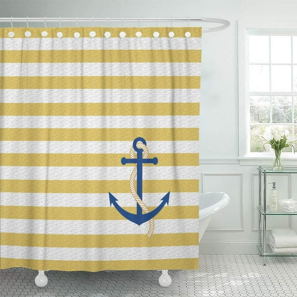 XDDJA Beach Yellow Strip Nautical Blue Anchor Shower Curtain 60x72 inch
