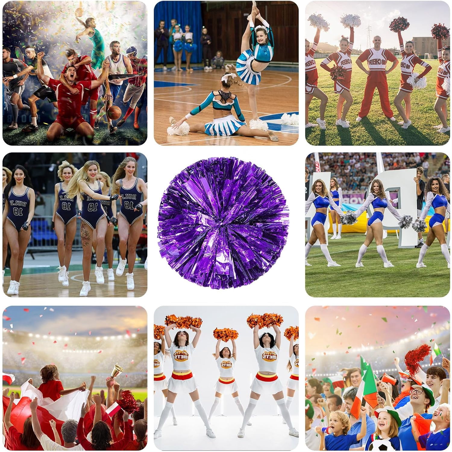 Cheerleader Pom Poms 12 Pack Sports Dance Cheering Plastic Metallic Cheerleading Pom Poms for Kids Adults-Ring Style