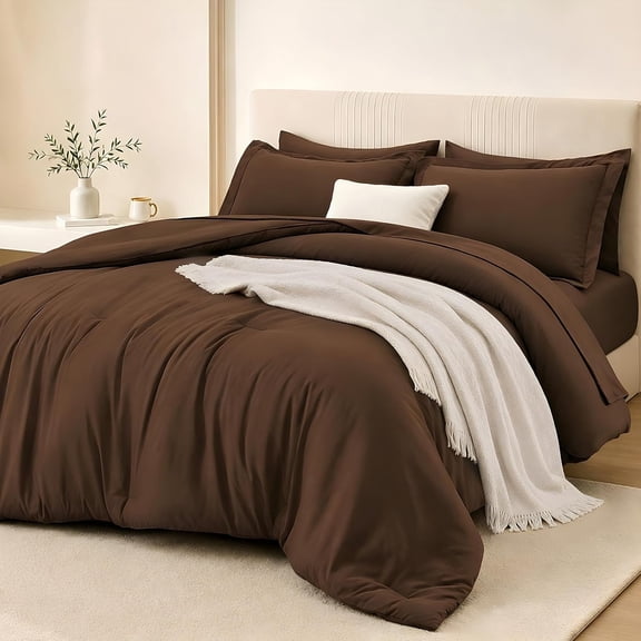 Queen Comforter Set Dark Brown 7 Pieces Soft All-Season Lightweight Bed in a Bag with Comforter Flat Sheet Fitted Sheet Pillowcases and Shams