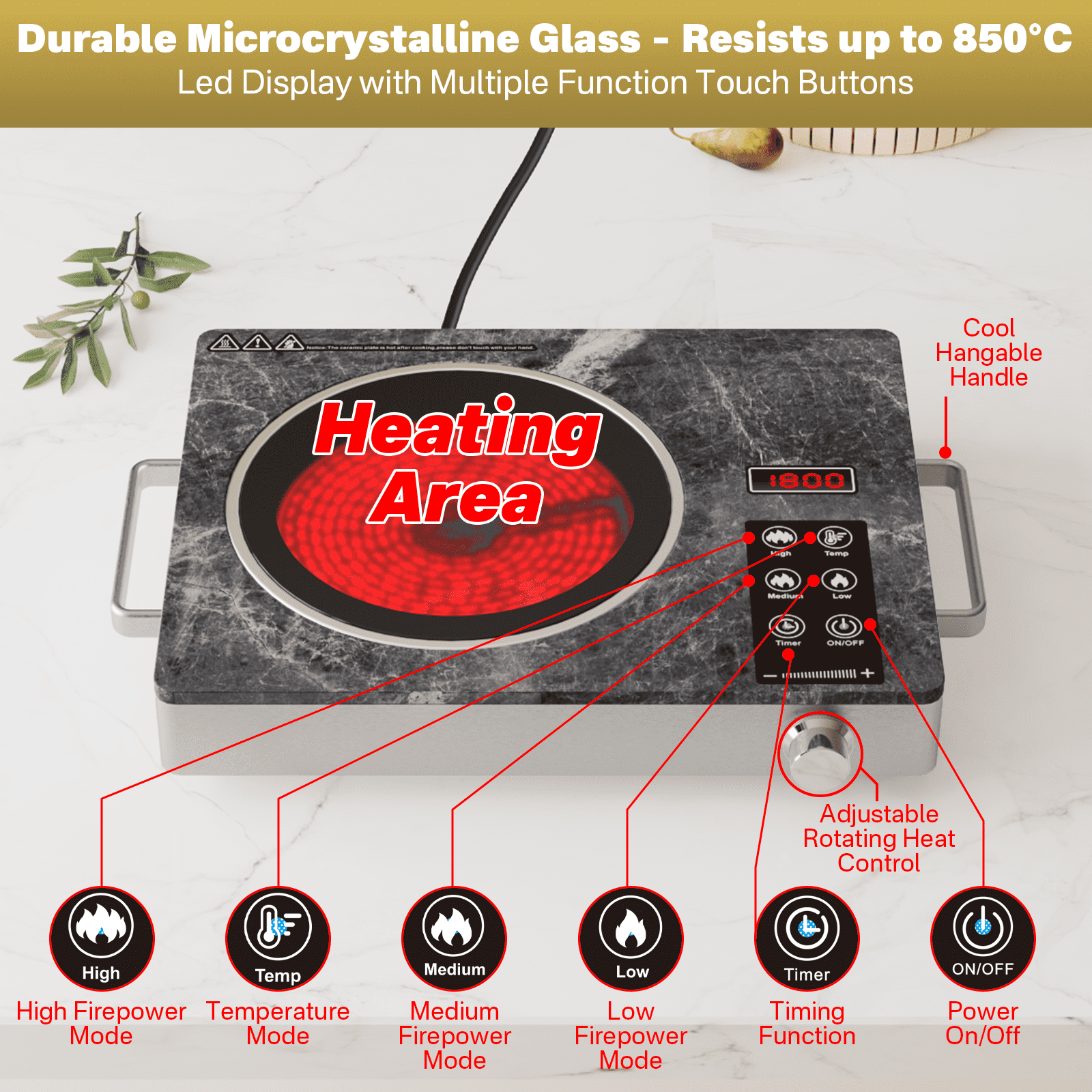 Graceall Single Burner Ceramic Cooktop, Portable 1800W Electric Stove, Countertop Burner for Cooking, Kitchen Hot Plate Temperature Adjustable Compact Hob Camping Stoves