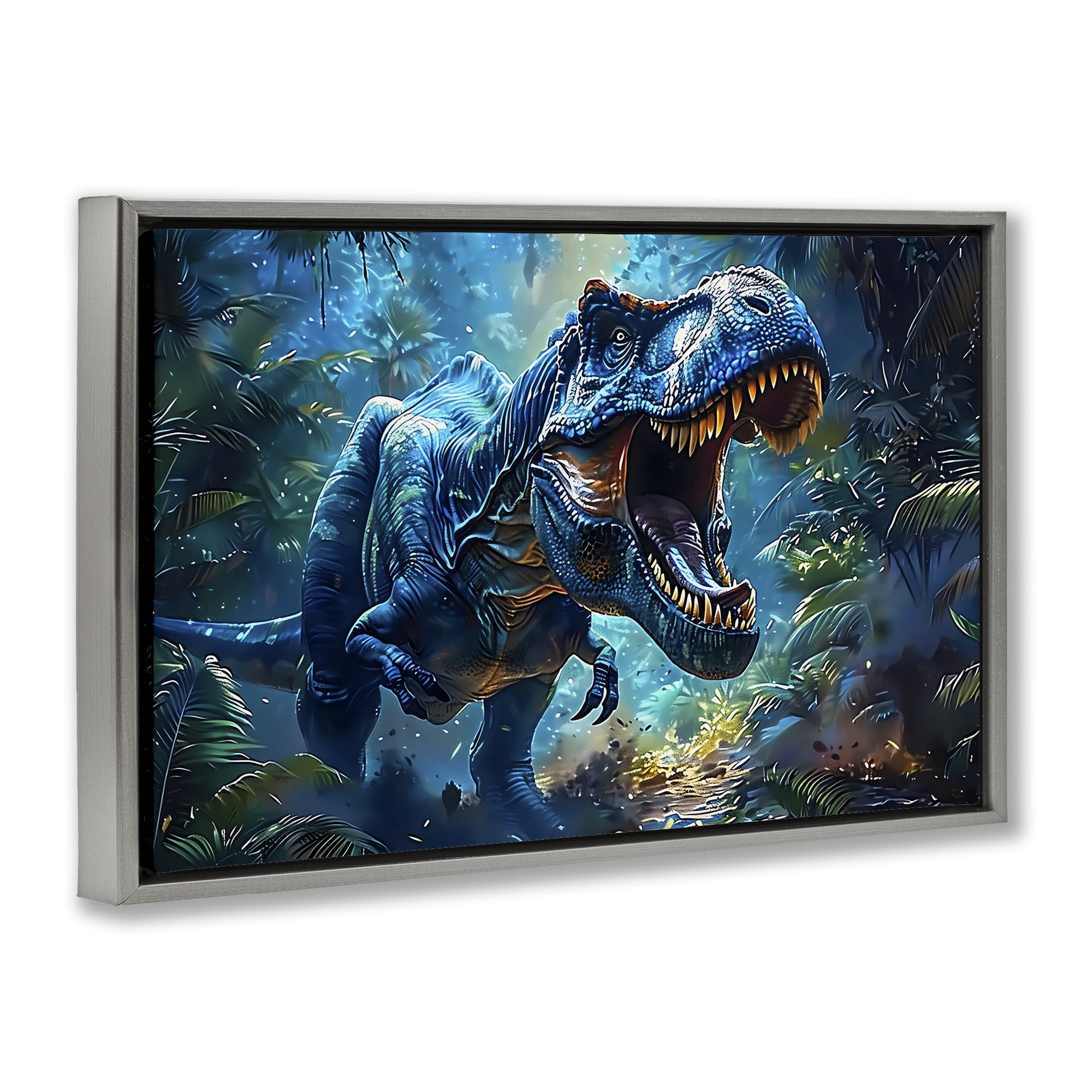 Stupell Industries Blue Toned Dinosaur Roar Gray Framed Floater Canvas Wall Art, design by Creative Studio