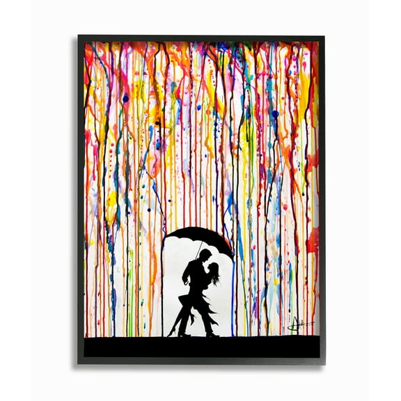 Stupell Industries Melting Colors Rainbow Rain Drops Umbrella Dancing Silhouette Graphic Art Black Framed Art Print Wall Art, 24x30, by Marc Allante