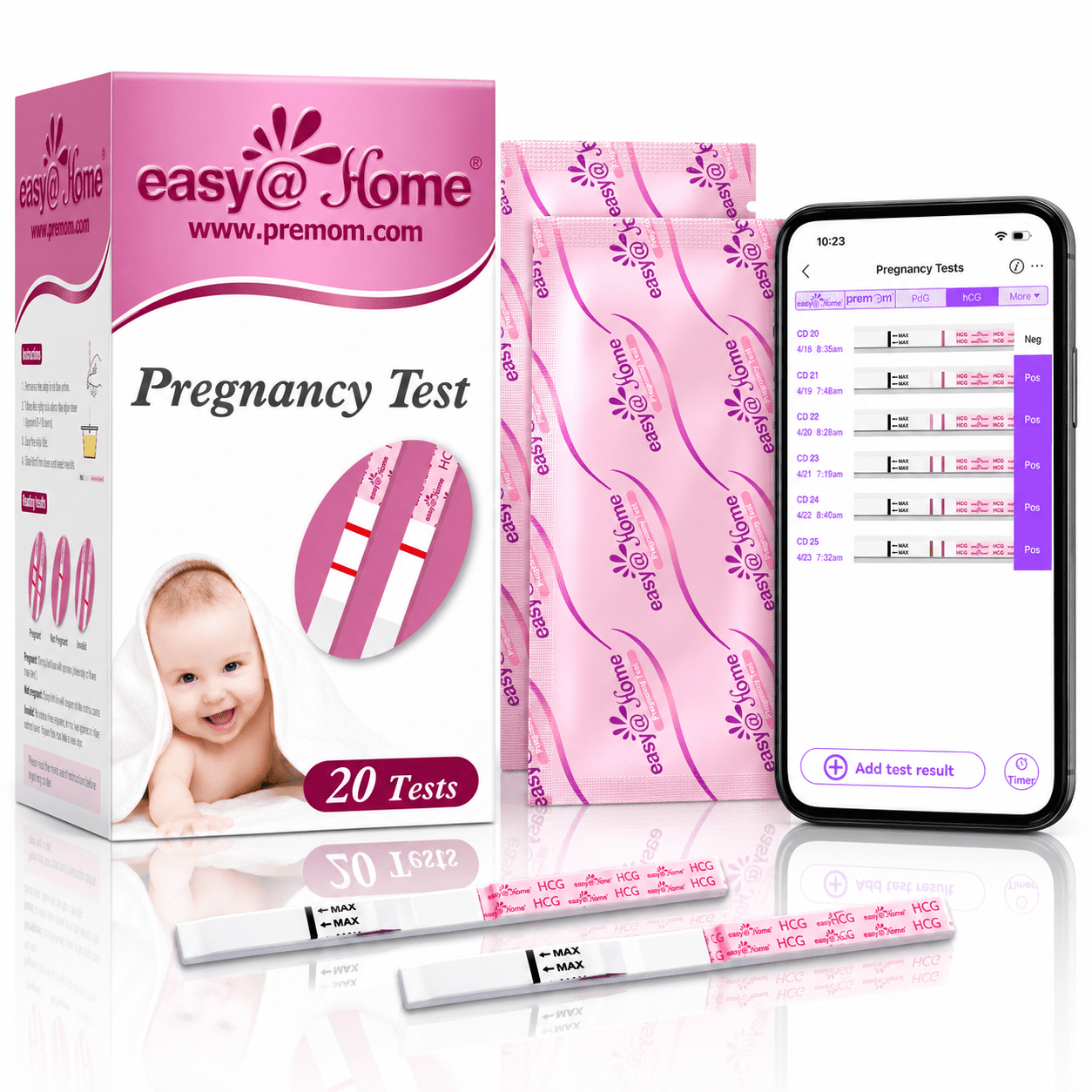 Easy@Home 20 Pregnancy (hCG) Urine Test Strips Kit - 20 HCG Ct with Premom APP Support