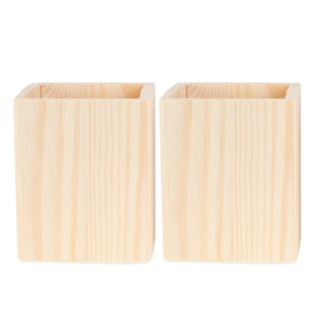 SHISUYAN 2 Pcs Single Compartments Wooden Container Pen Holder Office Organizer Unfinished Solid Color Case Pot for Home Office DIY Graffiti Random Style(Square Tube)